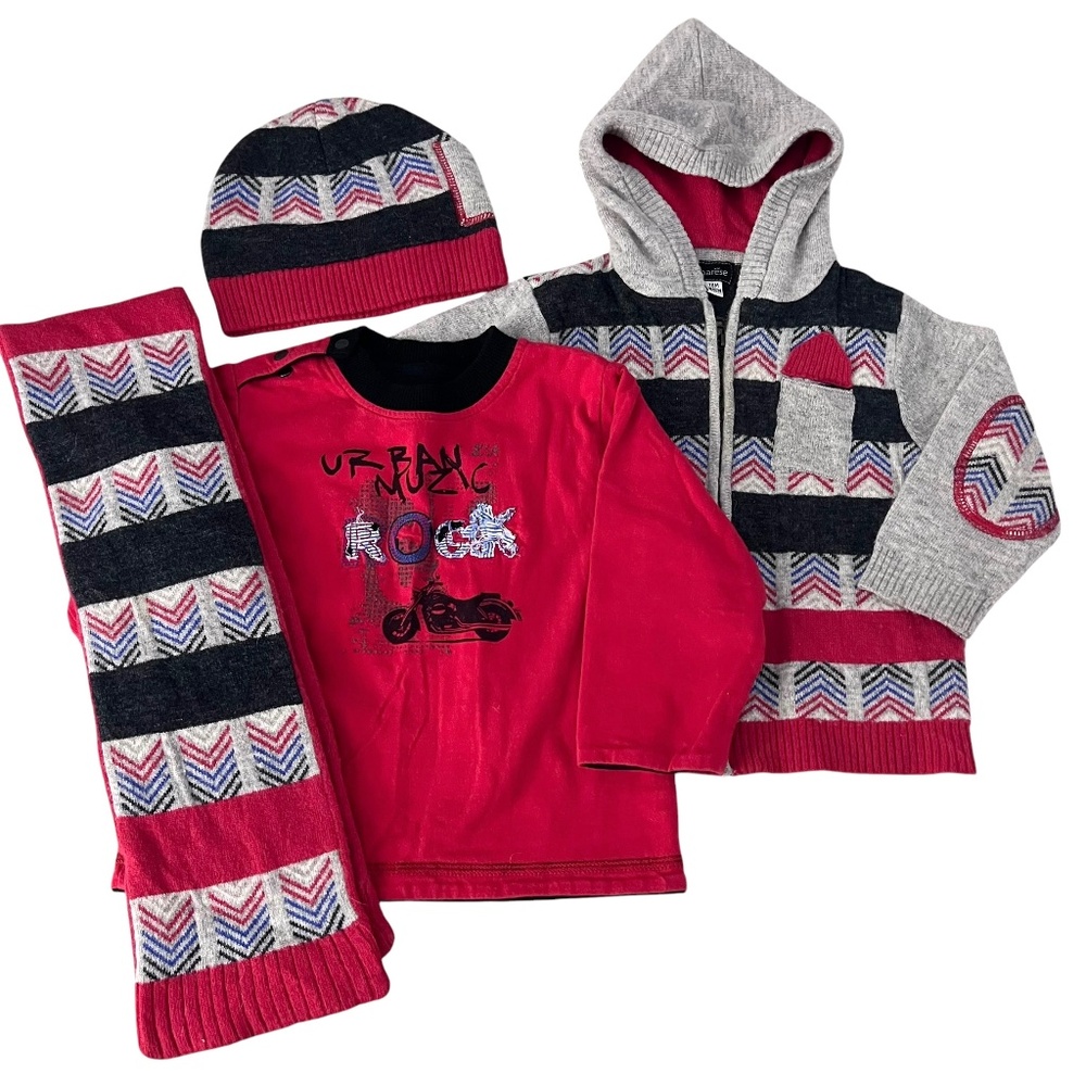 Sweater, Scarf, Hat, and Reversible Tee Shirt Outfit 12-18 Boys